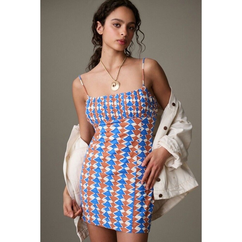 Anthropologie Maeve The Ophelia Sleeveless Linen Slim Mini Dress Blue Orange 0
